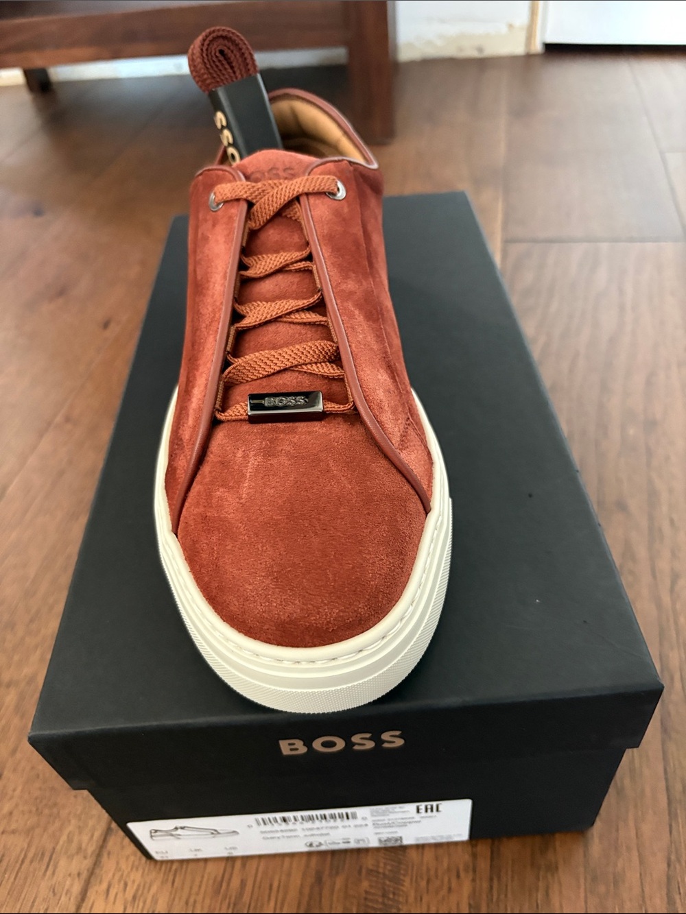 BOSS Men's Rust Suede Low-Top Sneaker with Off-White Sole